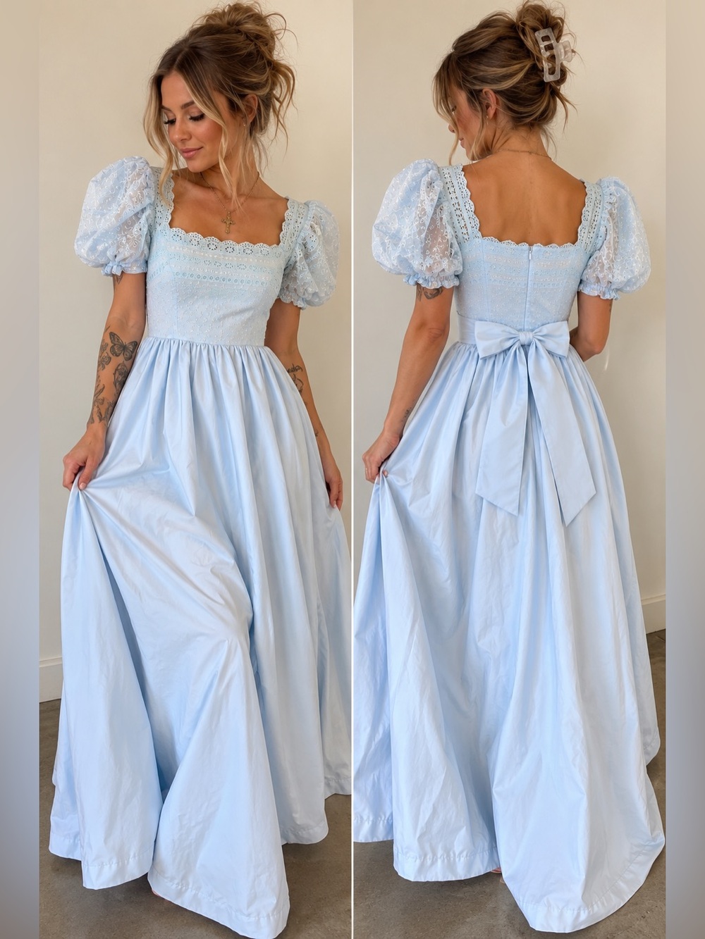 Vintage 80s Vicky Vaughn Blue Eyelet Lace Puff Sleeve Prairie Maxi Dress Small